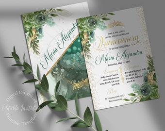 Puede incluir: Invitación a Quinceañera verde y dorada con detalles florales. La invitación incluye el texto "Maria Alejandra" y los detalles de la ceremonia y la recepción. La información de RSVP se incluye en la parte inferior.
