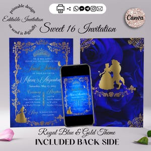 Sweet 16-uitnodiging, Belle en het beest, Sweet 16-feest, digitale uitnodiging, koningsblauw en goud, Sweet 16-sjabloon, canvassjabloon
