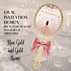Faire-part ovale pour miroir à main, Faire-part Quinceanera en or rose, PDF PNG, faire-part princesse, Faire-part ovale personnalisé 3,7 x 4,7 po