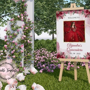 K&ouml;nnte beinhalten: Ein Willkommenszeichen f&uuml;r eine Quincea&ntilde;era mit einem rosa und gr&uuml;nen Aquarellhintergrund. Das Schild zeigt ein Foto einer jungen Frau in einem roten Kleid, den Text "Willkommen zur Quincea&ntilde;era von Alejandra" und das Datum "04-08-2023".