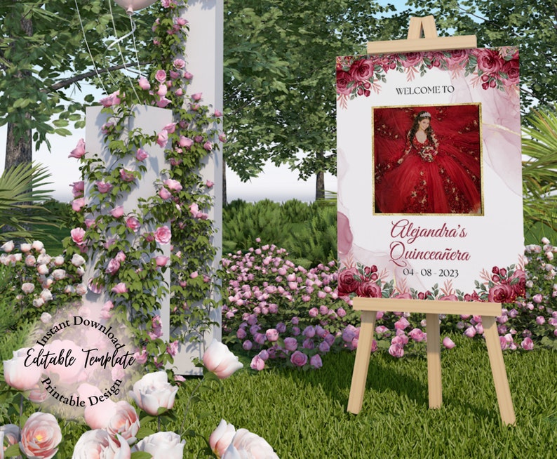 K&ouml;nnte beinhalten: Ein Willkommenszeichen f&uuml;r eine Quincea&ntilde;era mit einem rosa und gr&uuml;nen Aquarellhintergrund. Das Schild zeigt ein Foto einer jungen Frau in einem roten Kleid, den Text "Willkommen zur Quincea&ntilde;era von Alejandra" und das Datum "04-08-2023".