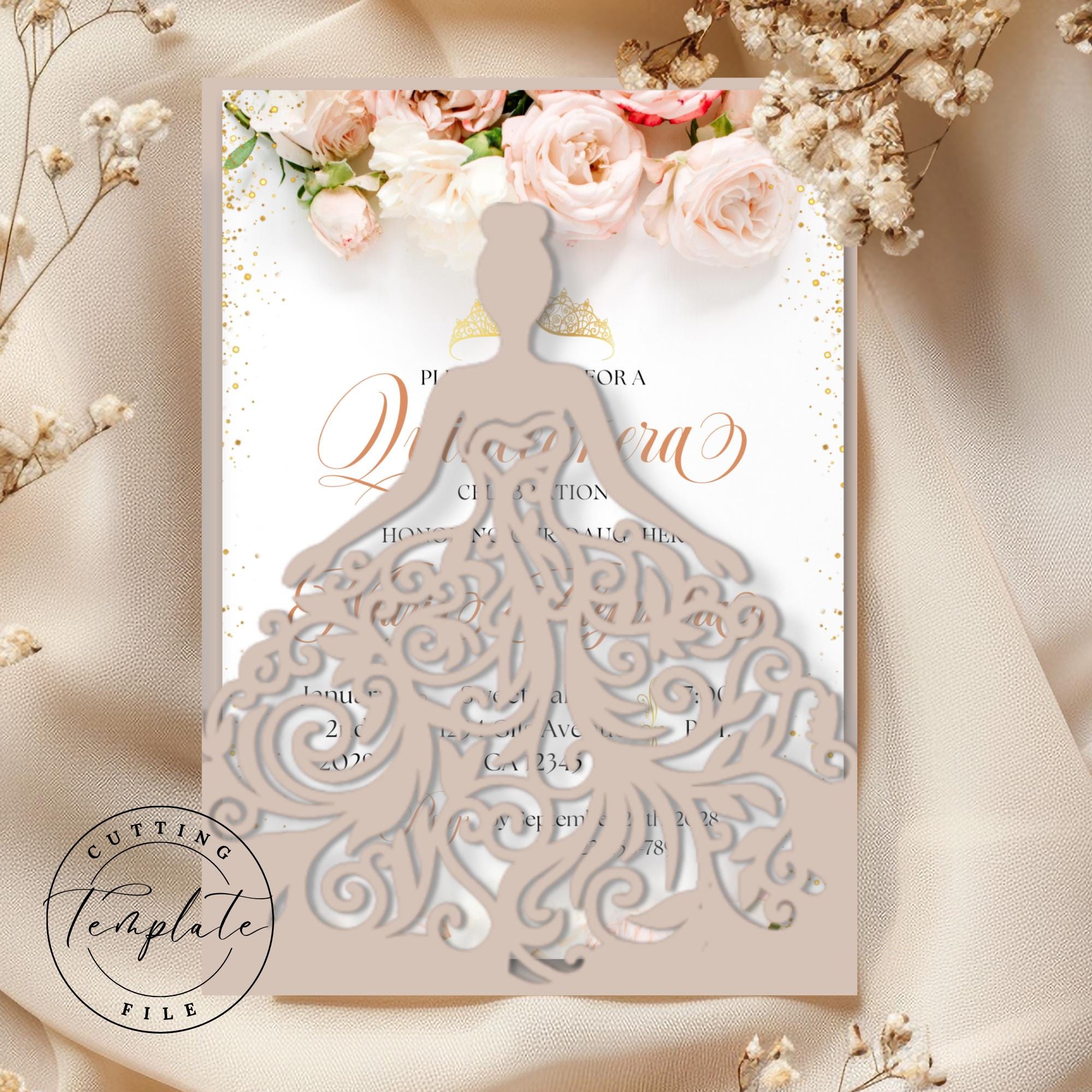 Quinceanera Dress Invitation SVG, Laser Cut Template (digital Download)