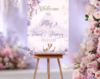 Letrero de bienvenida para fiesta de Rapunzel, tema de Enredados, letrero de feliz cumpleaños, dulces dieciséis, quinceañera, letrero de quince, póster de bienvenida, plantilla editable