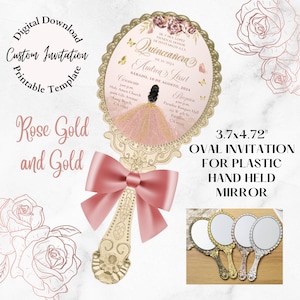 Faire-part miroir Quinceanera en or rose : faire-part princesse ovale (PDF et PNG)