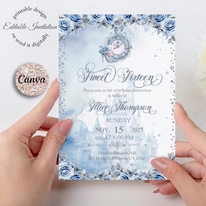 Sweet Sixteen cinderella invite, floral dusty blue, Sweet 16 Invitation, editable invitation, digital invitation, fairytale invite, canva