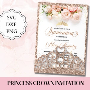 Laser cut SVG Crown Pocket Invitation DXF, PNG, 5x7&quot; Envelope for quinceanera invitation, cutting file, quince invites, xv invitations.