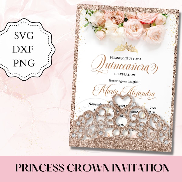 Laser cut SVG Crown Pocket Invitation DXF, PNG, 5x7" Envelope for quinceanera invitation, cutting file, quince invites, xv invitations.