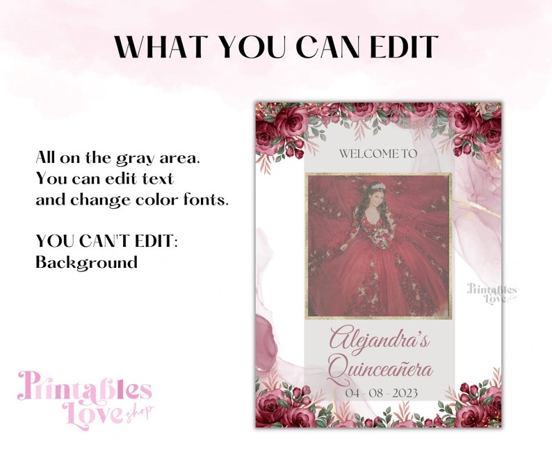 K&ouml;nnte beinhalten: Ein druckbares Willkommens-Schild f&uuml;r eine Quincea&ntilde;era mit rosa und wei&szlig;em Hintergrund. Das Schild zeigt ein Foto einer jungen Frau in einem roten Kleid, florale Akzente und den Text "Willkommen zu Alejandra's Quincea&ntilde;era 04-08-2023".