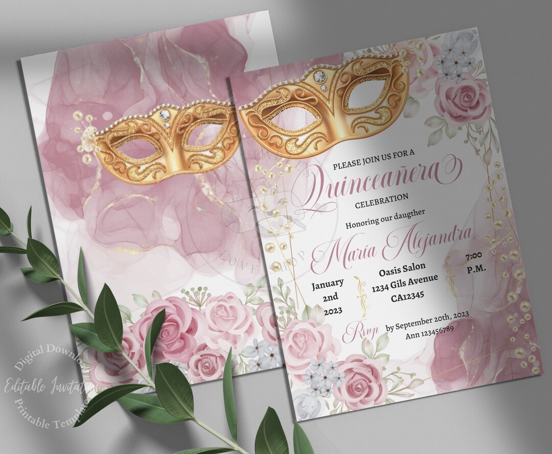 Editable Masquerade Quinceanera Invitation Include Back Design Gold