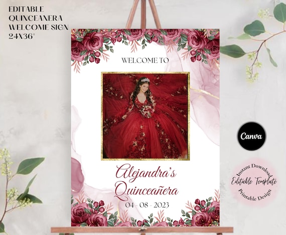 Burgundy and Gold Quinceanera Welcome Sign with Photo (Canva Template)