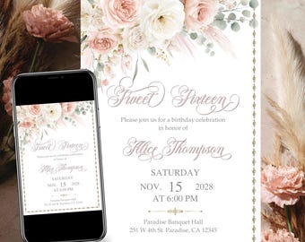 Floral Sweet 16/Quinceañera Invitation Template • Blush Pink (Digital)