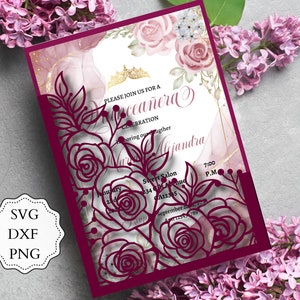 5x7 Quinceanera Rosen-Einladung, Taschenvorlage SVG, PNG, DXF, Laser geschnittener Umschlag, Rosen svg, Cricut Einladung, Cameo-Dateien. Misquit.