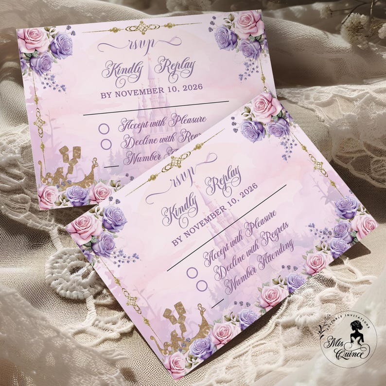 May include: Two RSVP cards with a soft pink background, adorned with purple and pink roses. The cards feature gold accents, a castle silhouette, and the text "Kindly Replay BY NOVEMBER 10, 2026". They include options to accept or decline.
