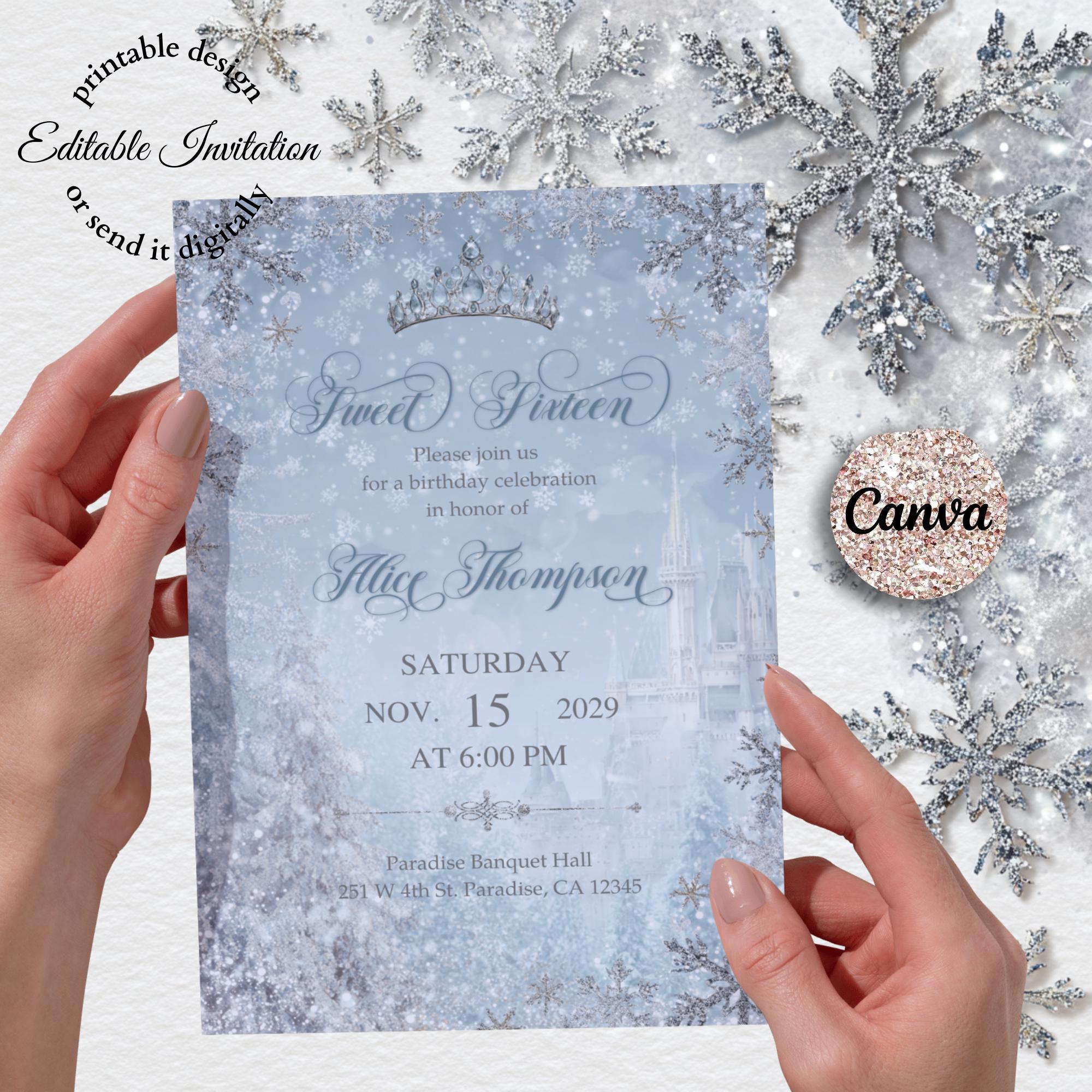 Invitación para dieciséis años en un paraíso invernal: Castillo de copos de  nieve plateados (plantilla de Canva, descarga digital) - Etsy México, image size:2000x2000