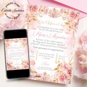 Érase una vez, Invitación de Cenicienta rubor rosa y oro, Invitación de Quince, invitación dulce 16, invitación de Cenicienta, invitación de princesa