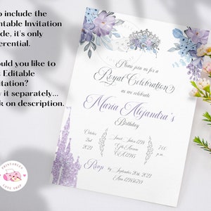 K&ouml;nnte beinhalten: Eine druckbare Einladung zu einer k&ouml;niglichen Feier mit einem lila Schloss, einer Krone und floralen Designs. Die Einladung ist f&uuml;r den Geburtstag von Maria Alejandra am 20. September 2023 um 19:00 Uhr in der South Satin Avenue 1234, CA 12345.
