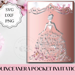 Laser Cut Invitation Dress, Quince Invitations, Pocket invitation, Sweet 16 Party, Laser Cut invitation, 15th Invitation, Mis quince