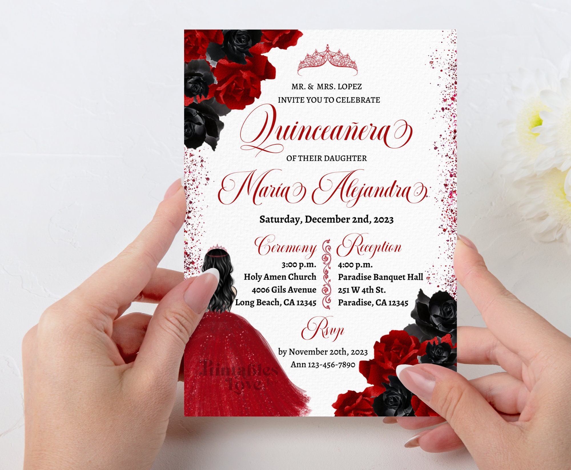 Invitación floral roja y negra para quinceañera: Plantilla editable de  Canva (descarga digital) - Etsy México, image size:2000x1647