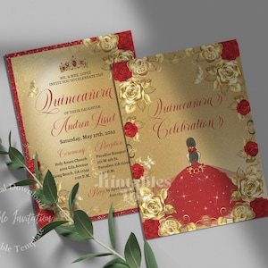 Quinceanera Einladung Rot und Gold + Rückseite, bearbeitbare Prinzessin Einladung, Quinceanera rotes Kleid, Quitte lädt ein, sofortiger Download