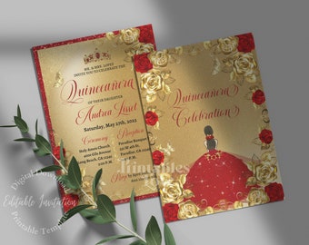 Red and Gold Quinceanera Invitation, Floral Princess Theme (Digital Download)