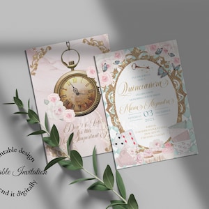 Alice in Wonderland invitation, 5x7&quot; Printable Quinceanera Invitation, Digital Invitation, Blush Pink, baby Blue and Gold, mis quince