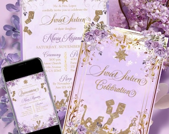 Sweet 16 Invitation Tangled Lilac and Gold, Sweet Sixteen invitation, tangled lattern, rapunzel invitation, princess invitation