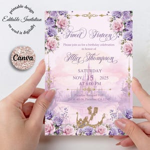Verwarde uitnodiging, Sweet 16-uitnodiging Rapunzel, Sweet 16, uitnodiging kweepeer, digitale uitnodiging, bewerkbare uitnodiging quinceanera