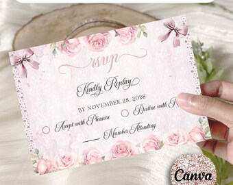 Coquette Sweet 16 RSVP Card Template, Pink & Silver (5x3.5", Editable Canva Template)