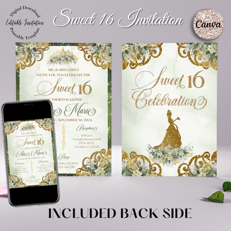 Op de afbeelding: Een printbare Sweet 16 uitnodiging met een groen en gouden kleurenschema. De uitnodiging heeft een gouden kroon, bloemmotieven en de tekst "Sweet 16 Celebration".