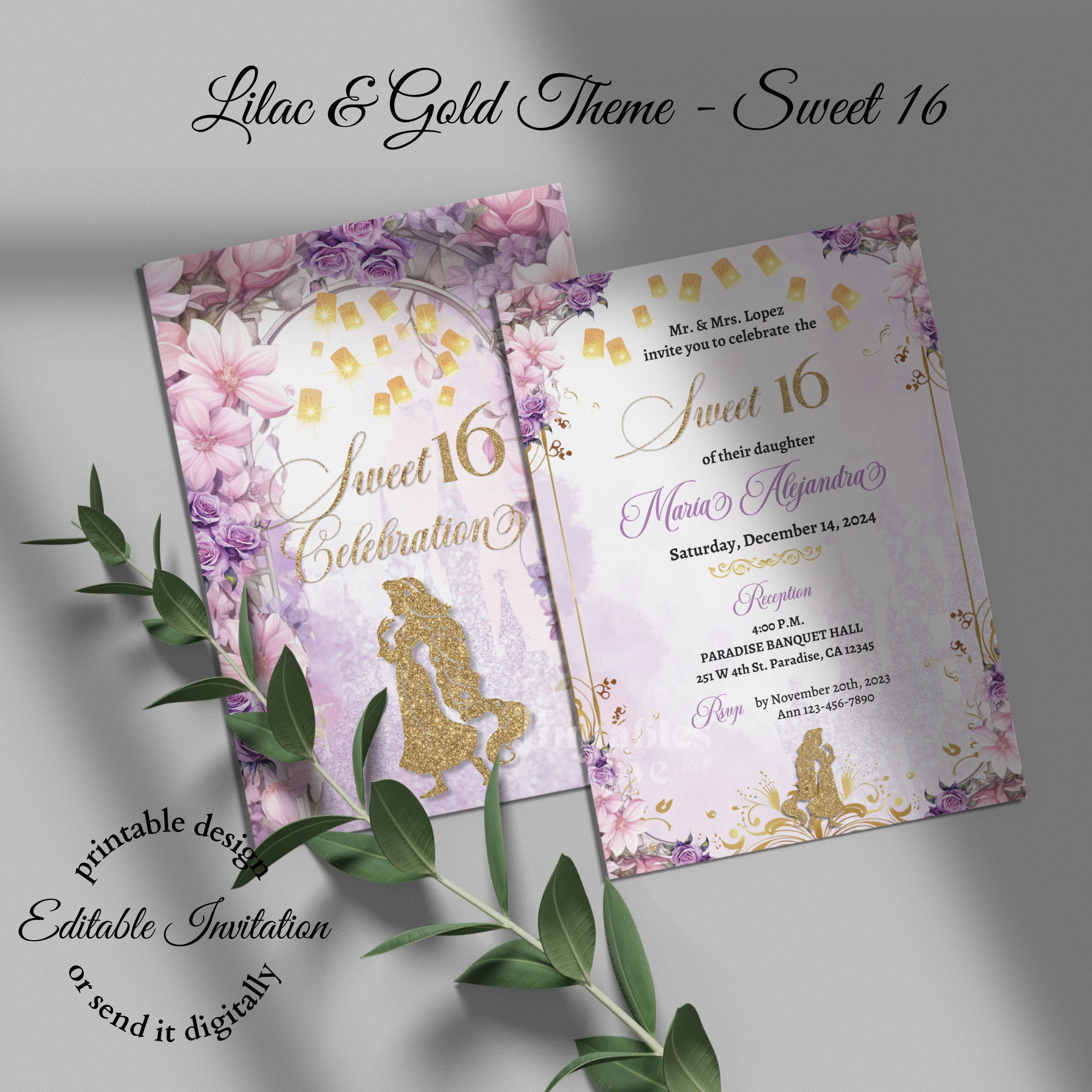 Rapunzel Sweet Sixteen Invitation: Lilac & Gold (digital