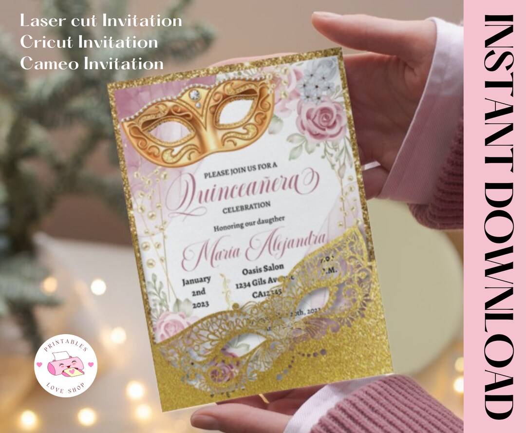 Laser Cut Mardi Gras Quinceanera Invitation SVG, DXF, PNG, Masquerade Envelope. Sweet 16