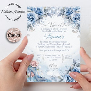 May include: Blue and pink floral Quinceañera invitation with a glass slipper, a royal crown, and the text "Once Upon a Time" and "Alejandra". The invitation includes the date, time, and location of the event.