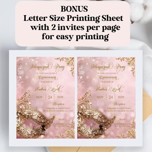 May include: A letter-size printing sheet with two invitations per page. The invitations are for a quincea&ntilde;era masquerade party, featuring a gold and white mask design on a pink background. The text includes the event details.