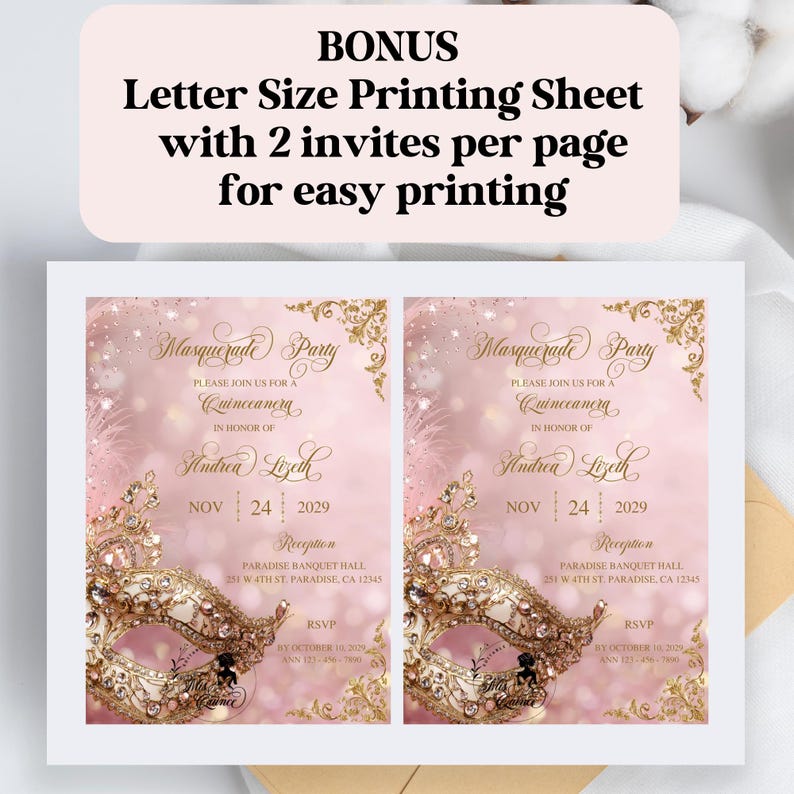May include: A letter-size printing sheet with two invitations per page. The invitations are for a quincea&ntilde;era masquerade party, featuring a gold and white mask design on a pink background. The text includes the event details.