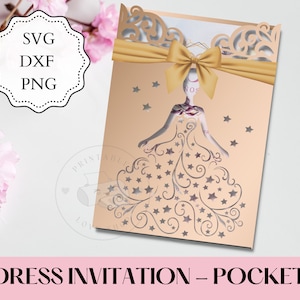 5x7 Pocket Dress Invitation SVG, PNG, DXF, Quinceanera Invitation, 15 invitation svg, Cricut Invitation, Laser Cut 15 Invitation, sweet 16. image 1
