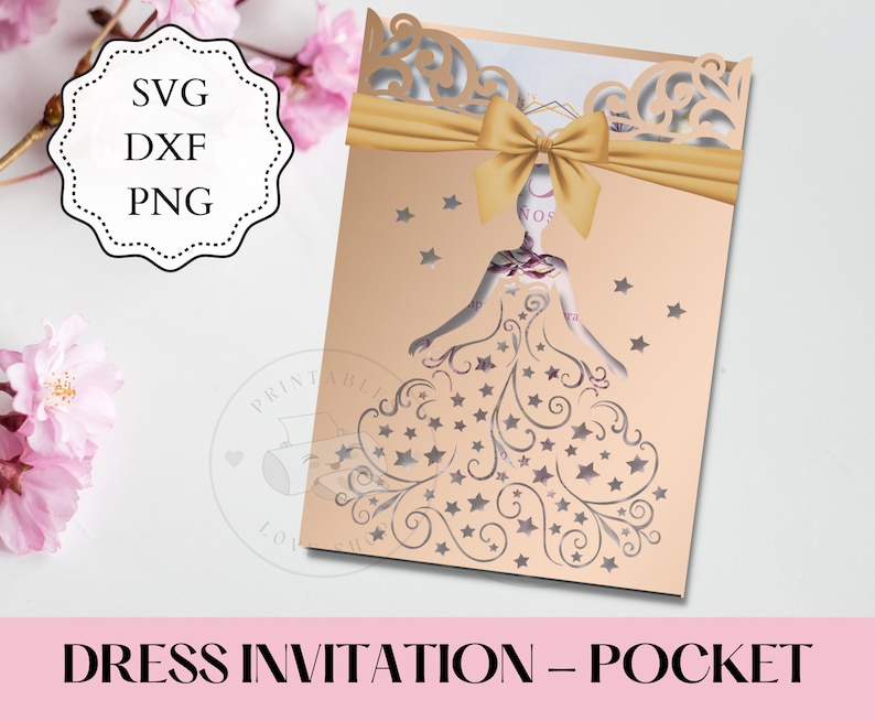 5x7 Pocket Dress Invitation SVG, PNG, DXF, Quinceanera Invitation, 15 invitation svg, Cricut Invitation, Laser Cut 15 Invitation, sweet 16. image 1