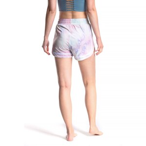 May include: A pair of white athletic shorts with a tie-dye pattern in shades of pink, blue, and purple. The shorts have a white elastic waistband and white piping along the sides.