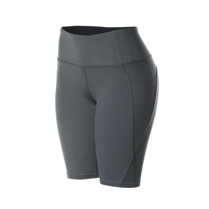 May include: Gray high-waisted athletic shorts with a side pocket.