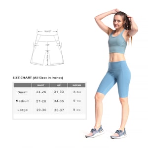 May include: Size chart for shorts with measurements in inches for waist, hip, and inseam. The chart shows sizes small, medium, and large. The chart is next to a photo of a person wearing light blue shorts.