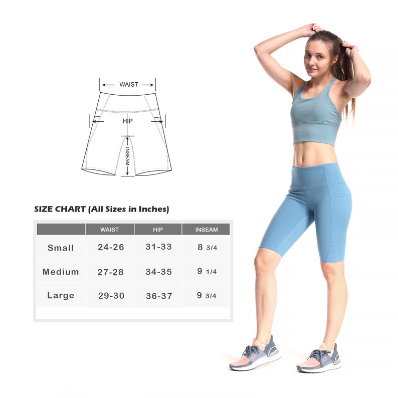 May include: Size chart for shorts with measurements in inches for waist, hip, and inseam. The chart shows sizes small, medium, and large. The chart is next to a photo of a person wearing light blue shorts.