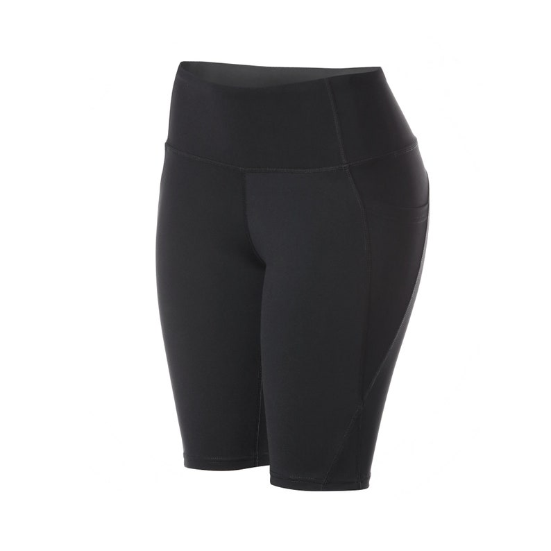 May include: Black high-waisted athletic shorts with a side pocket.
