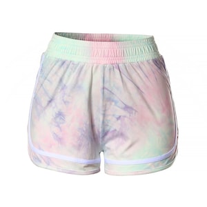 May include: Tie-dye print shorts with a white trim around the waistband and legs. The shorts are made of a soft, comfortable fabric and have an elastic waistband.