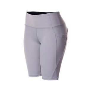 May include: Gray athletic shorts with a high waist and a pocket on the right side.