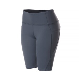 May include: Gray athletic shorts with a high waist and a pocket on the right side.