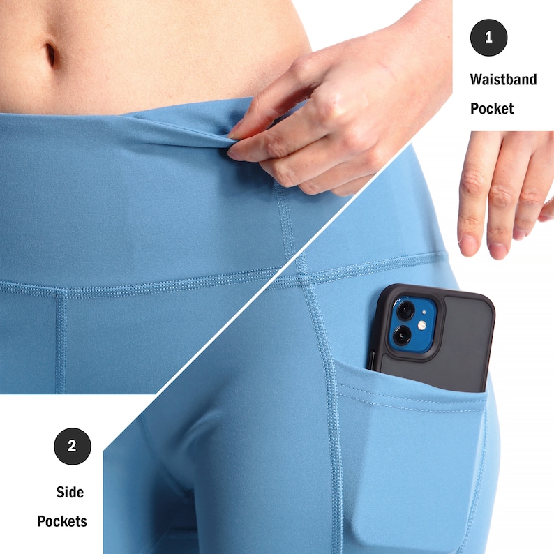 May include: Blue yoga leggings with two pockets. One pocket is located on the waistband and the other is on the side of the leg. The side pocket is large enough to hold a phone.