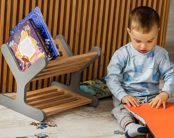 Montessori Bücherregal für Kleinkinder, Kinderbücherregal für Kinderzimmer mit Blick auf die Leseecke, Holzbaby-Bücherregalgeschenk