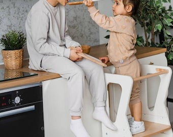 Toddler Step Stool Tower, Adjustable Wooden Kids Standing Platform, Montessori Furniture for Kitchen Routines, First Birthday Gift