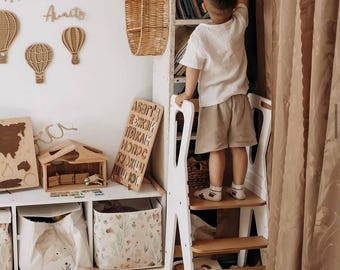 Toddler Step Stool Tower, Adjustable Kids Kitchen Stool, Wooden Montessori Style Stand for Daily Routines, First Birthday Gift