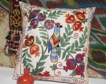 Cushion cover bird embroidery | Uzbek Suzani handmade adras ikat silk cotton bohemian style 45*45cm