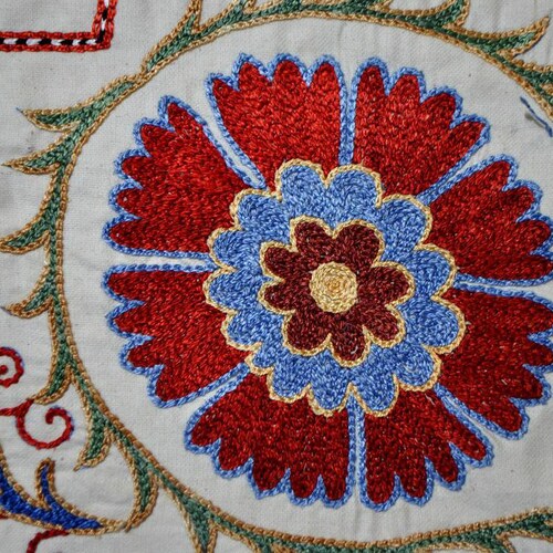 Tablecloth floral embroidery | Uzbek Suzani handmade adras ikat silk cotton bohemian style 105*138cm shops